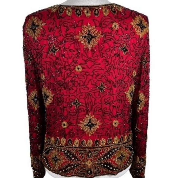 Adrianna Papell Red Beaded Silk Jacket Sz 10 Vintage Evening Statement - Picture 5 of 8
